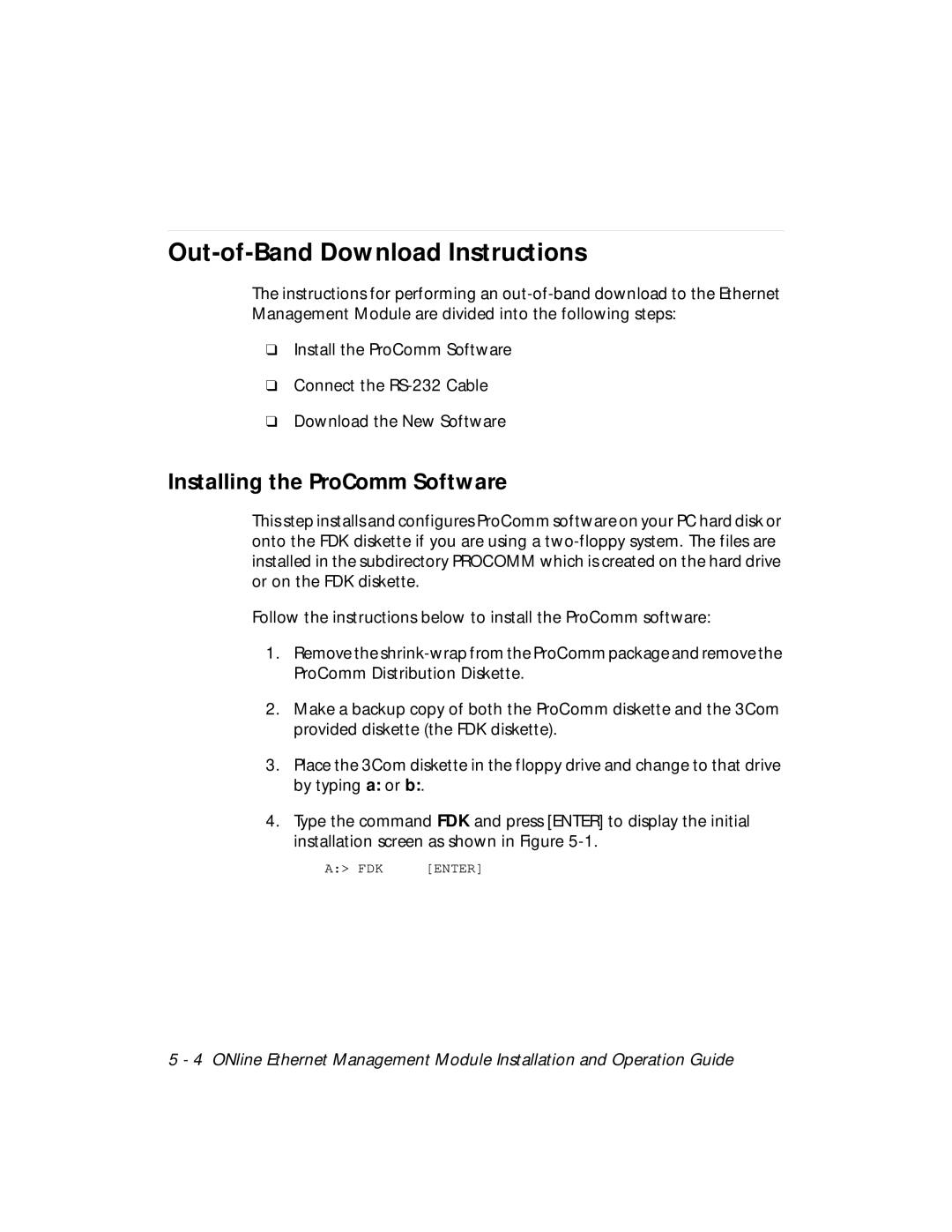 3Com 5101M-MGT installation and operation guide Out-of-Band Download Instructions, Installing the ProComm Software 