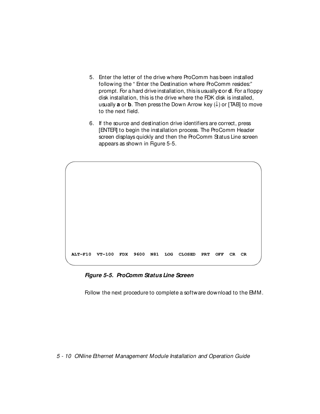 3Com 5101M-MGT installation and operation guide ProComm Status Line Screen 