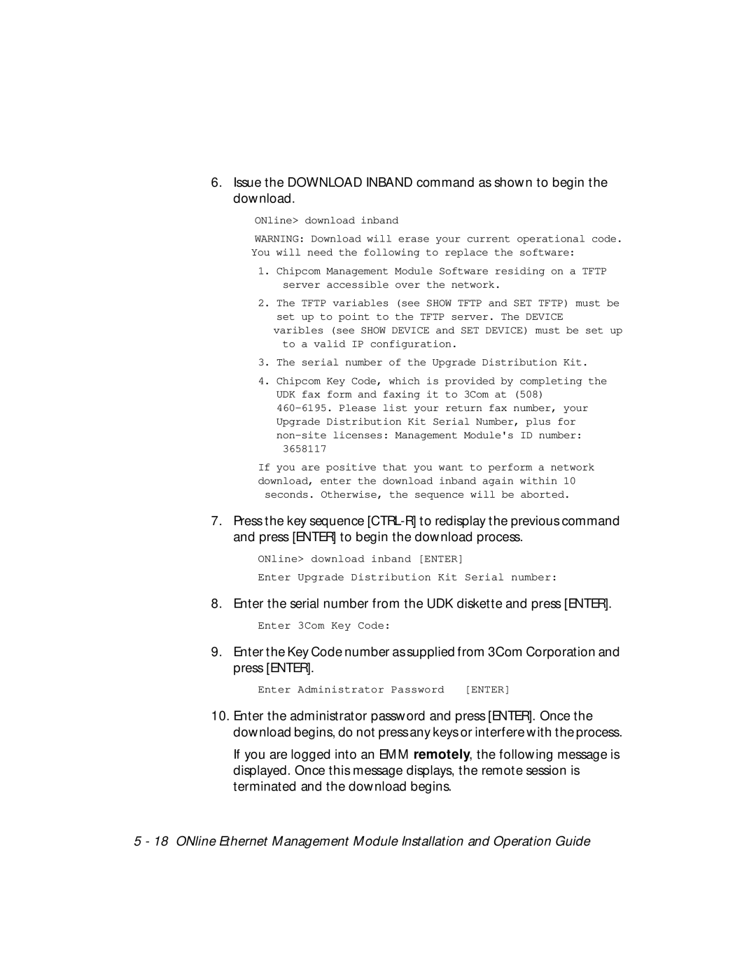 3Com 5101M-MGT installation and operation guide Enter 3Com Key Code 