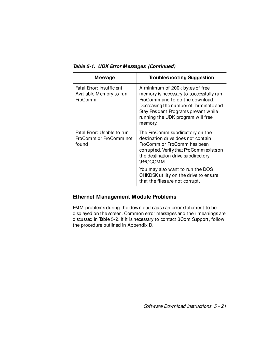 3Com 5101M-MGT installation and operation guide Ethernet Management Module Problems, Procomm 