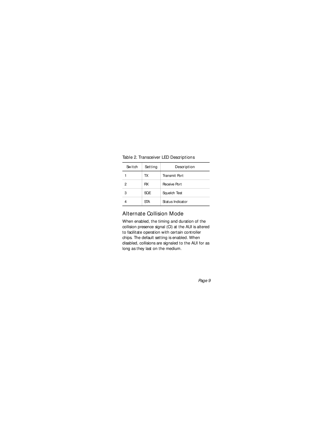 3Com 5101T-FB-ST, 5101T-FB-SMA, 5101T-FB-FC manual Alternate Collision Mode, Transceiver LED Descriptions 