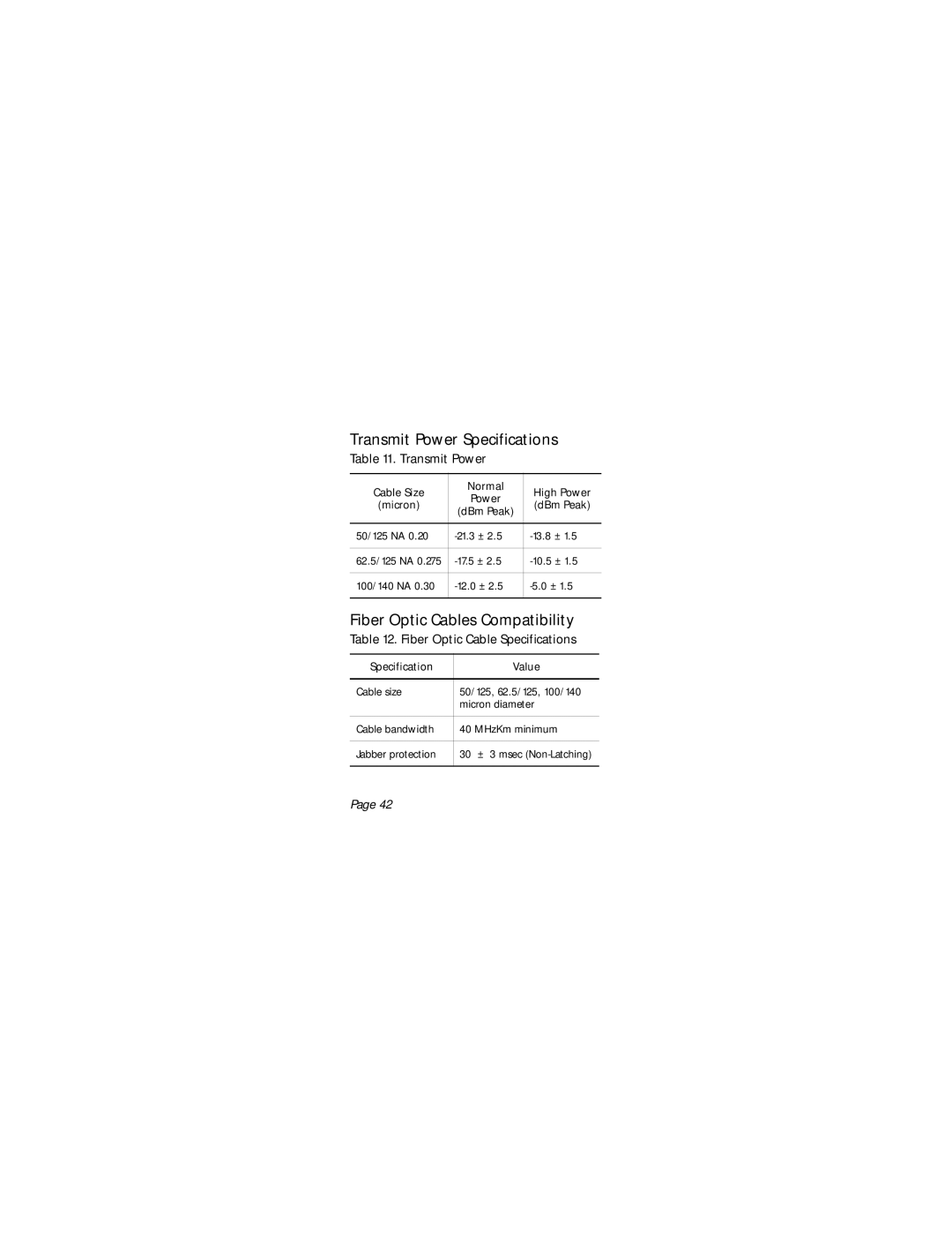 3Com 5101T-FB-ST manual Transmit Power Specifications, Fiber Optic Cables Compatibility, Fiber Optic Cable Specifications 