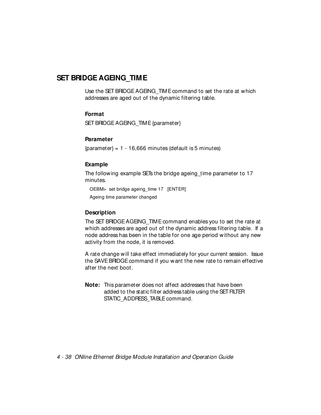 3Com 5102B-EE installation and operation guide SET Bridge Ageingtime, Parameter 