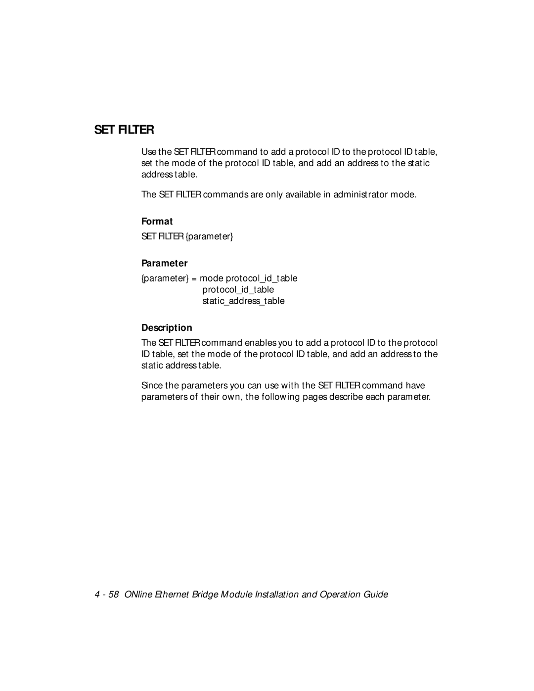 3Com 5102B-EE installation and operation guide SET Filter, Parameter 