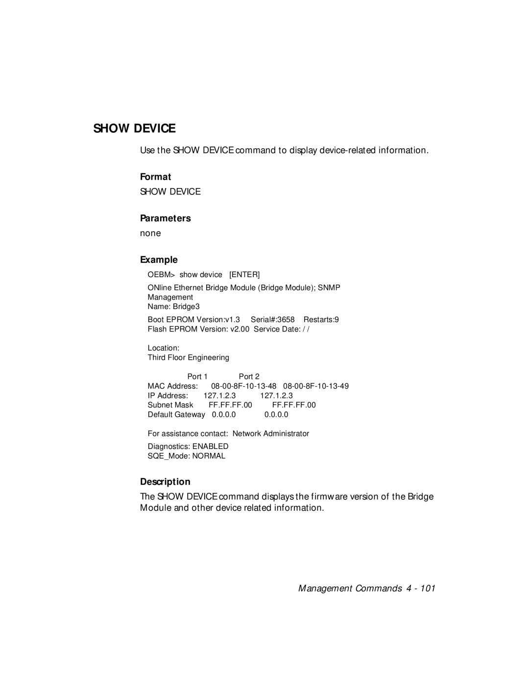 3Com 5102B-EE installation and operation guide Show Device, Parameters 