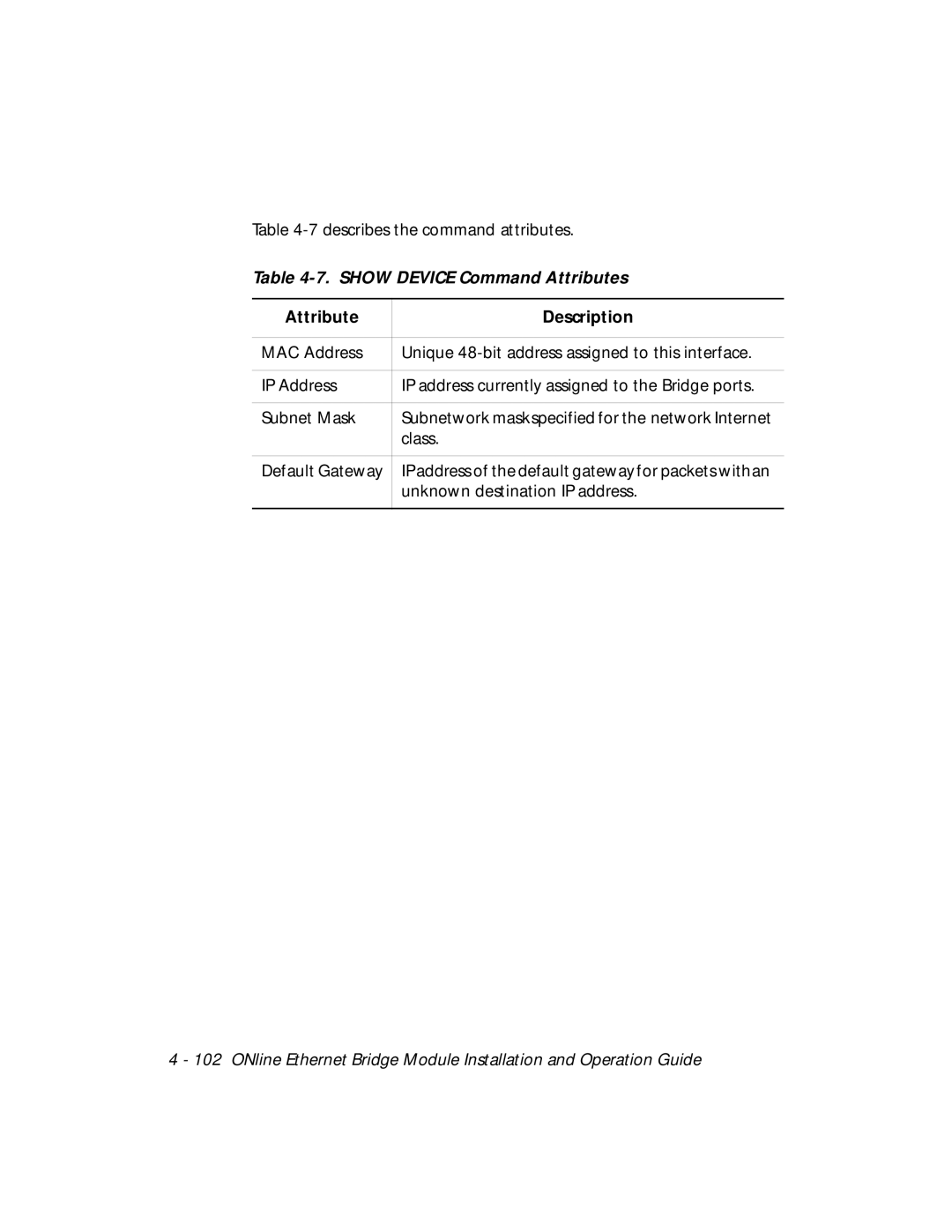 3Com 5102B-EE installation and operation guide Show Device Command Attributes 