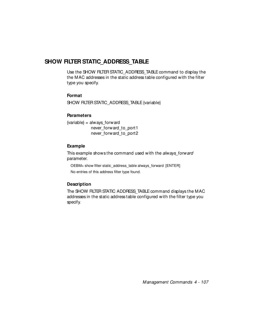 3Com 5102B-EE installation and operation guide Show Filter Staticaddresstable 