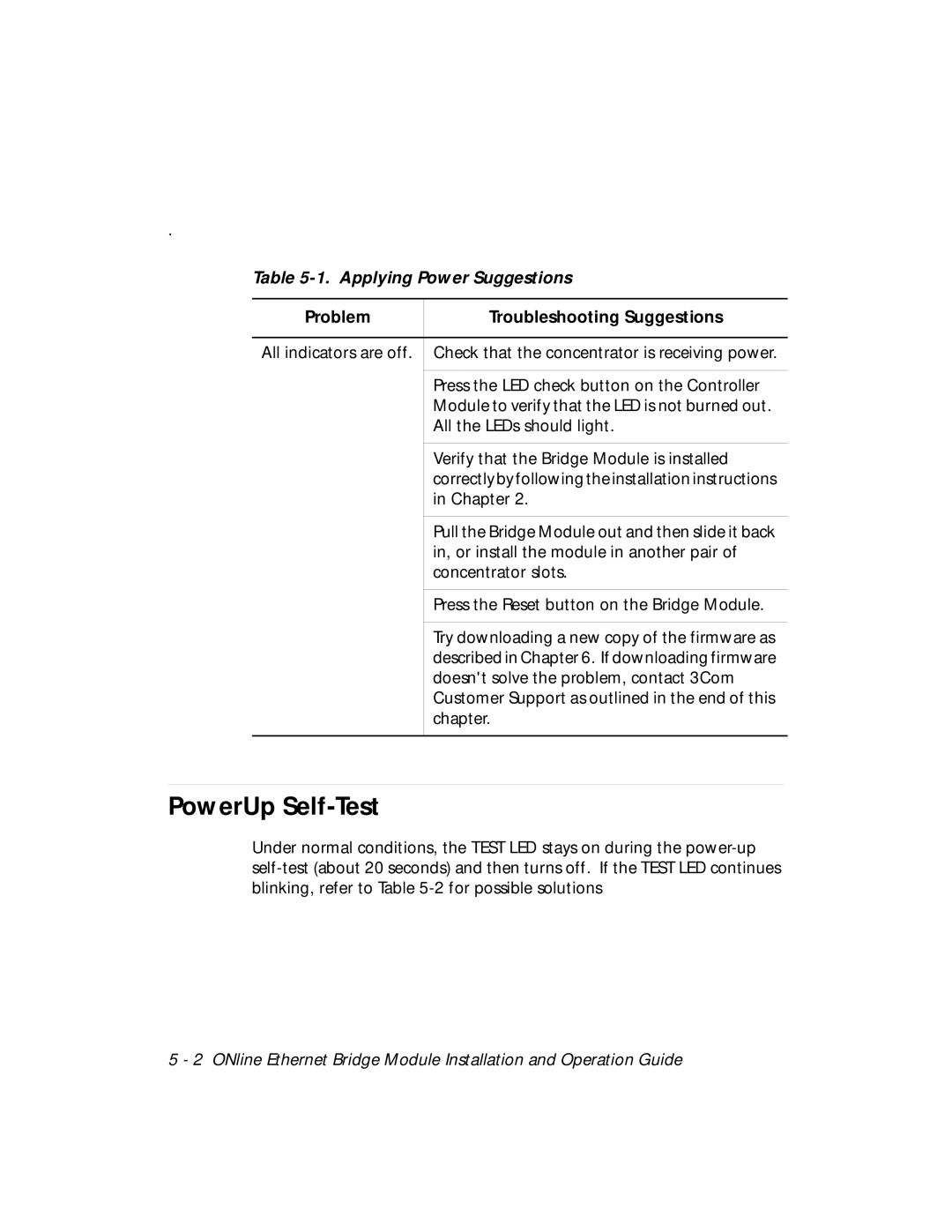 3Com 5102B-EE PowerUp Self-Test, Applying Power Suggestions, Problem Troubleshooting Suggestions 