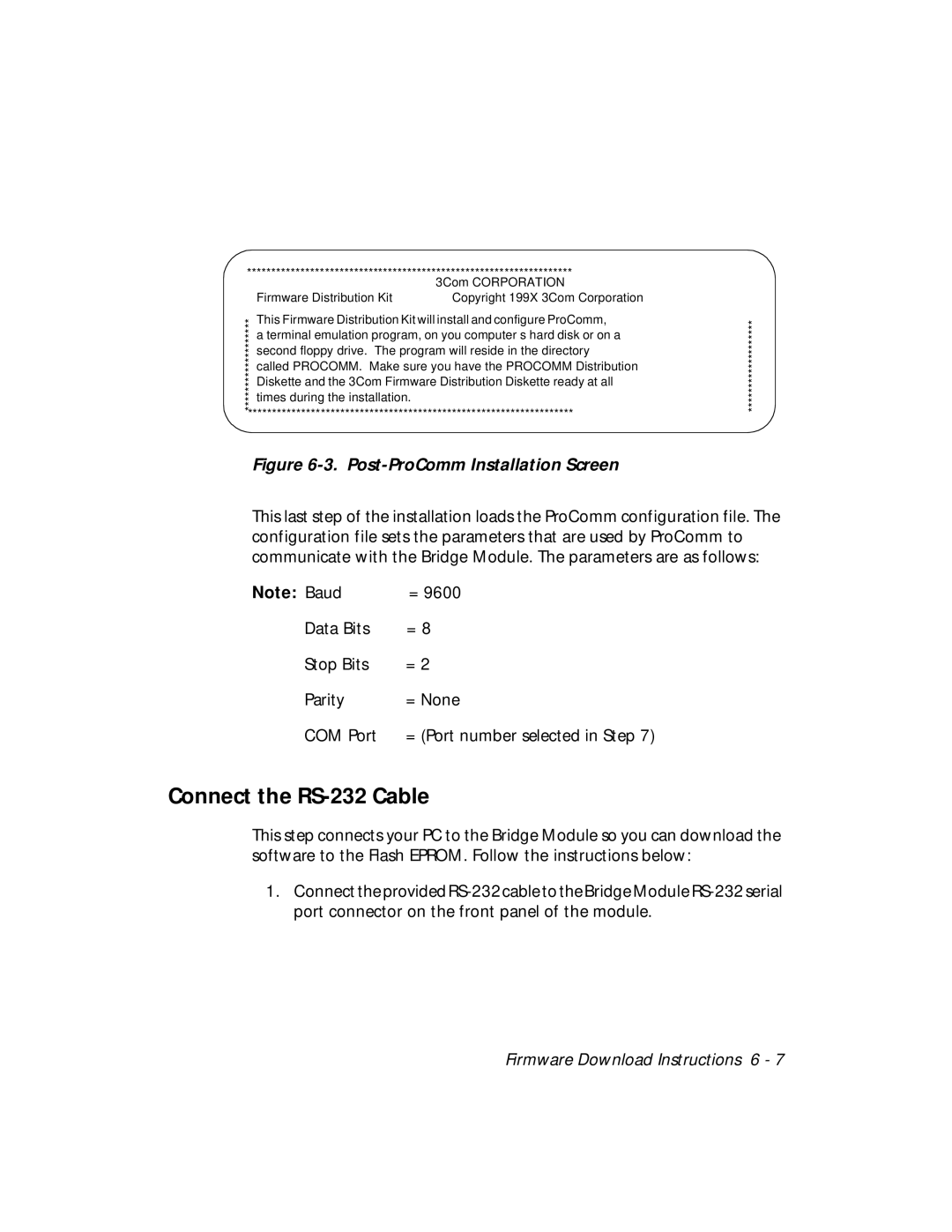 3Com 5102B-EE installation and operation guide Connect the RS-232 Cable, Post-ProComm Installation Screen 