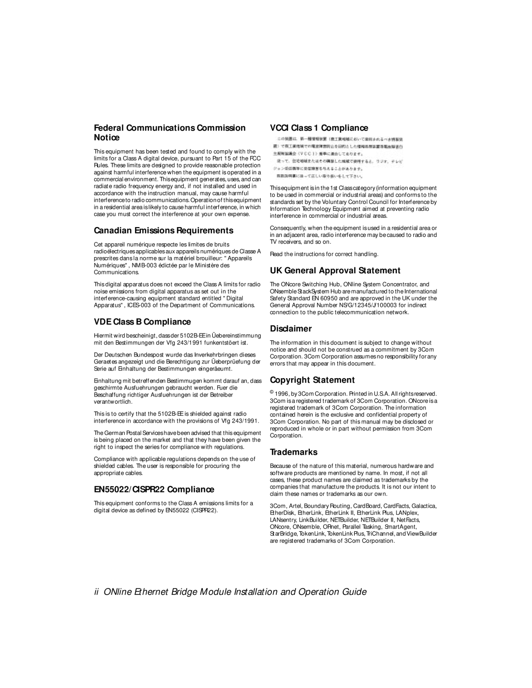 3Com 5102B-EE installation and operation guide VDE Class B Compliance 