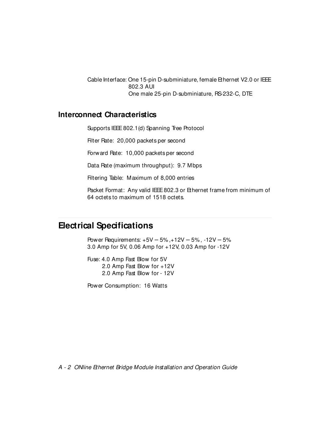 3Com 5102B-EE installation and operation guide Electrical Specifications, Interconnect Characteristics 