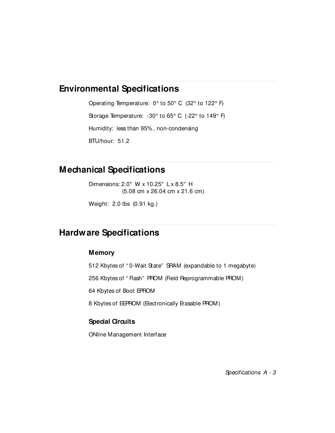 3Com 5102B-EE Environmental Specifications, Mechanical Specifications, Hardware Specifications, Memory, Special Circuits 