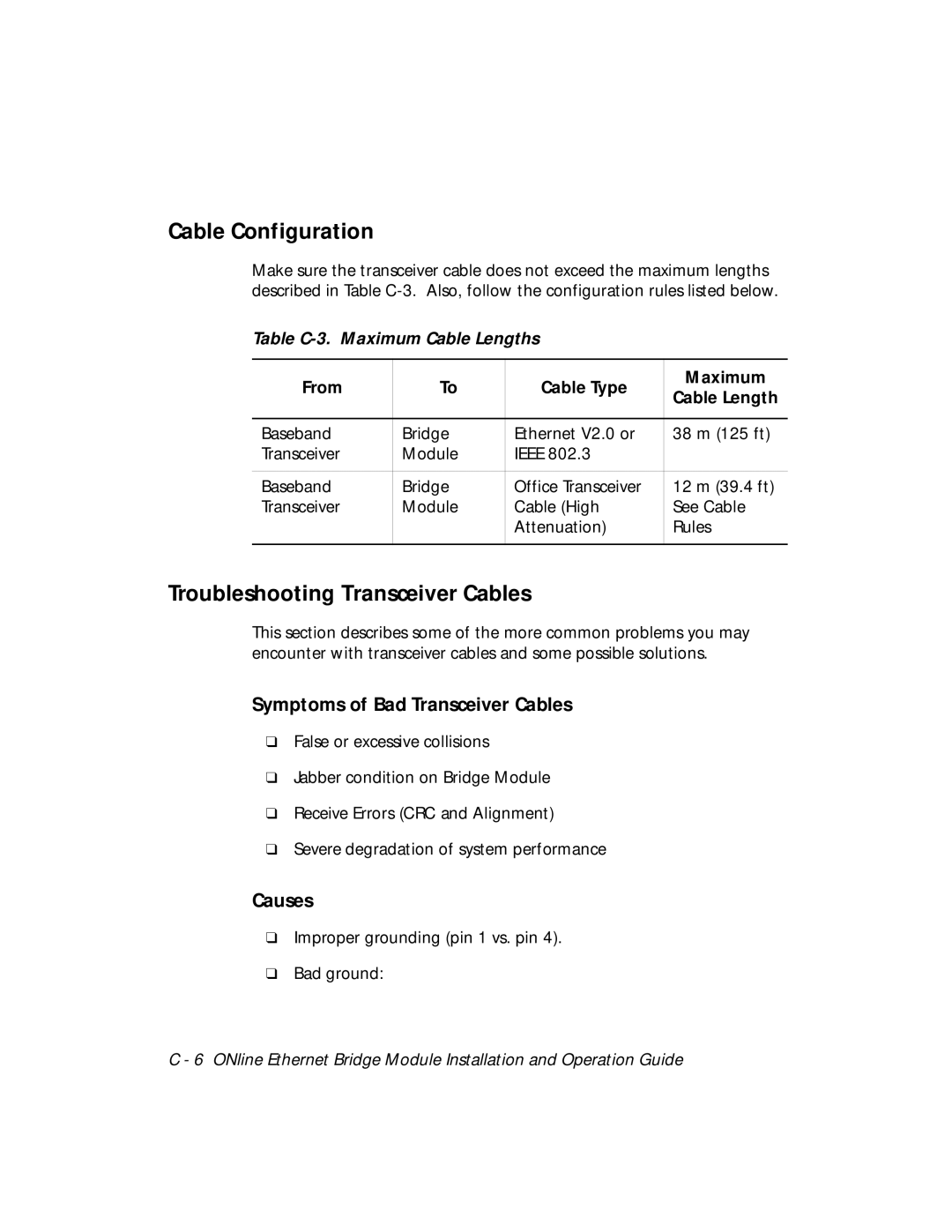 3Com 5102B-EE Cable Configuration, Troubleshooting Transceiver Cables, Symptoms of Bad Transceiver Cables, Causes 