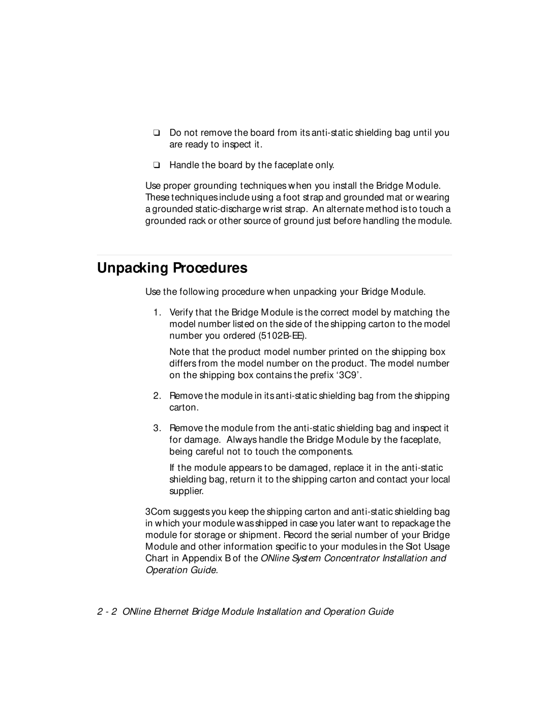 3Com 5102B-EE installation and operation guide Unpacking Procedures 