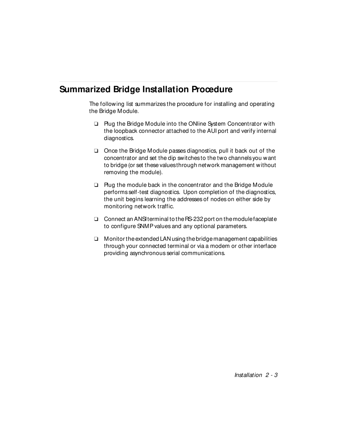 3Com 5102B-EE installation and operation guide Summarized Bridge Installation Procedure 