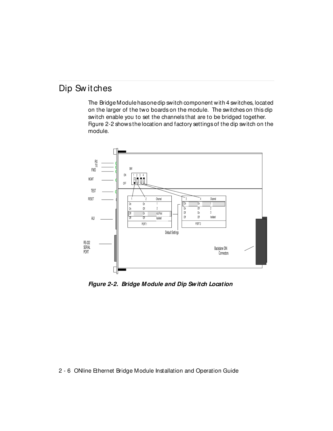 3Com 5102B-EE installation and operation guide Dip Switches, Bridge Module and Dip Switch Location 