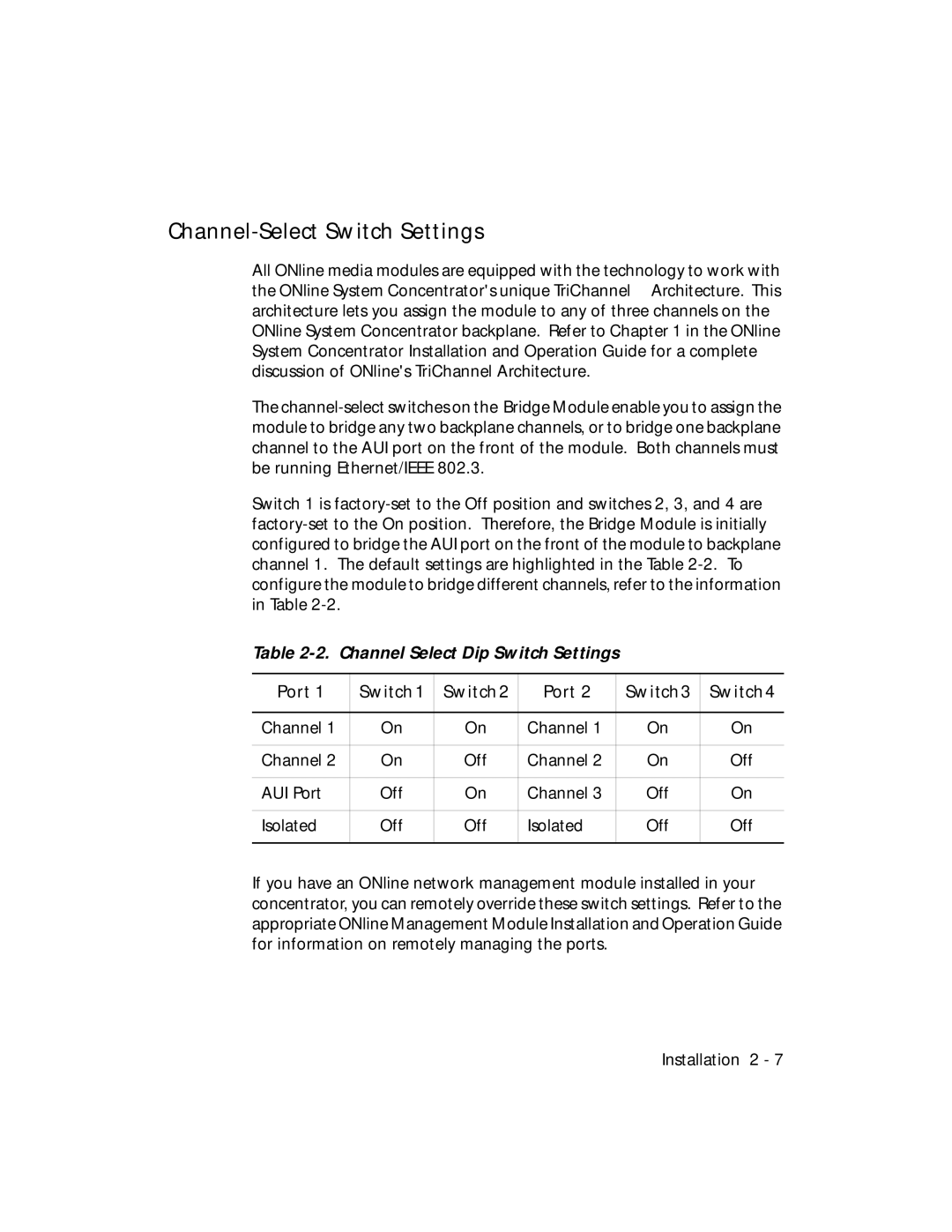 3Com 5102B-EE Channel-Select Switch Settings, Channel Select Dip Switch Settings, Port Switch Switch3 Switch4 