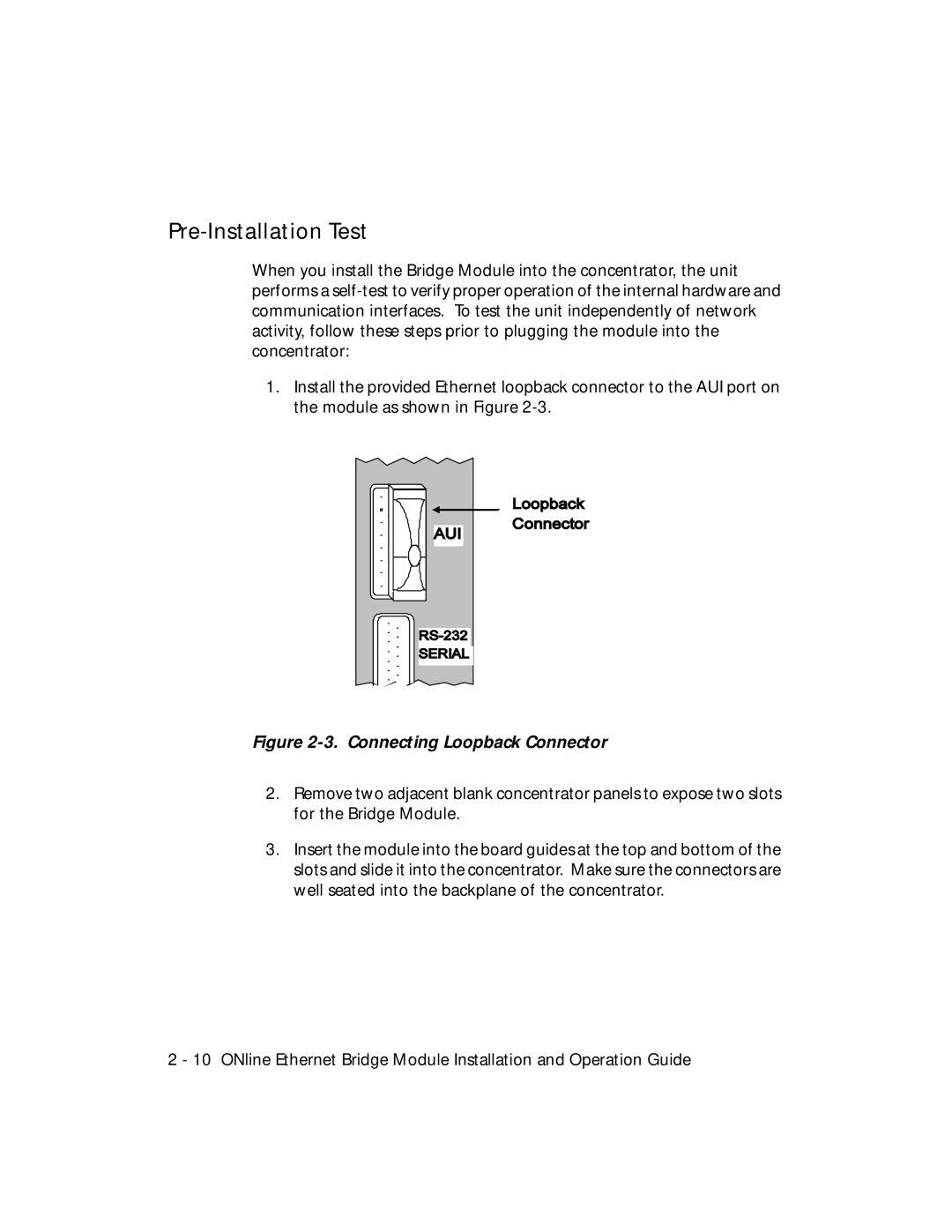 3Com 5102B-EE installation and operation guide Pre-Installation Test, Connecting Loopback Connector 