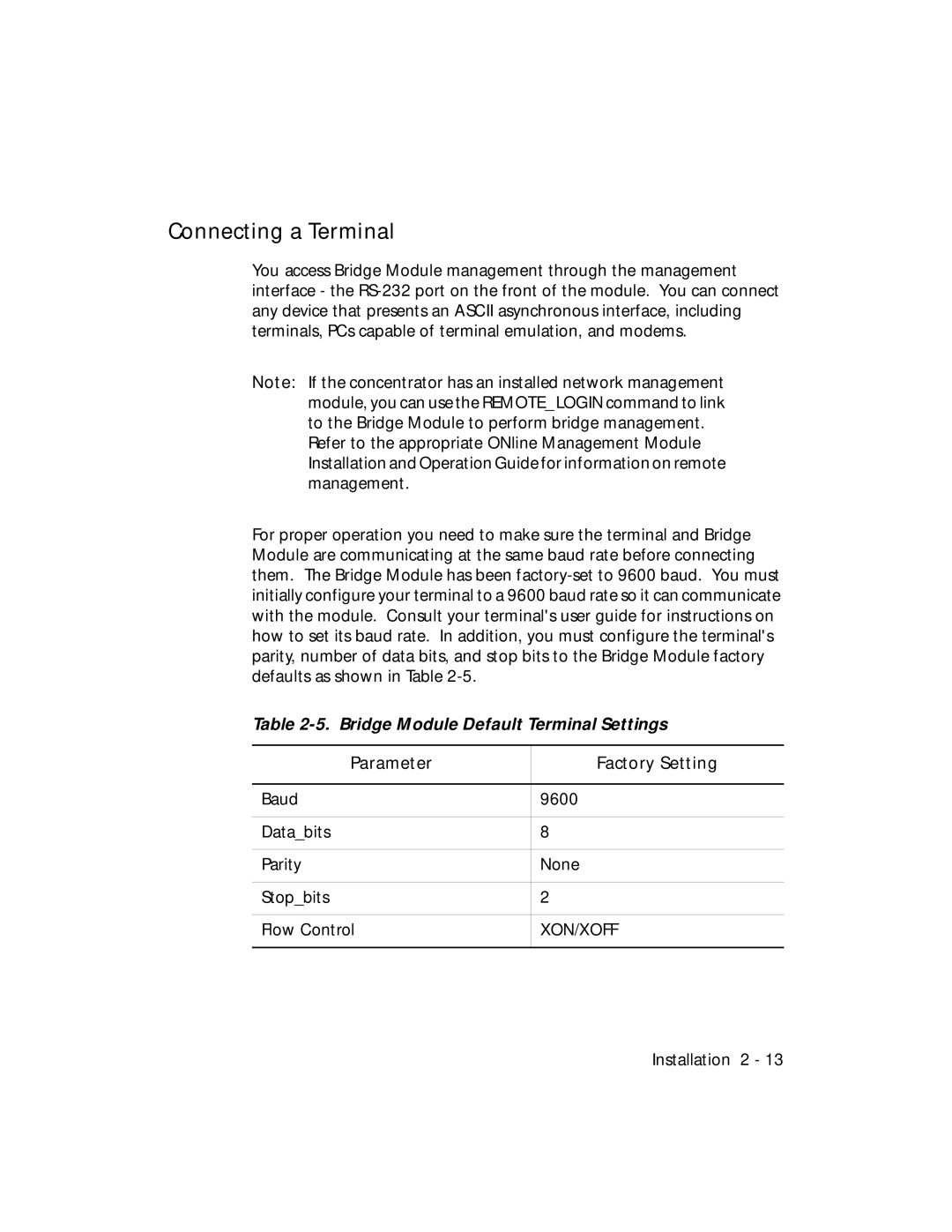 3Com 5102B-EE Connecting a Terminal, Bridge Module Default Terminal Settings, Parameter Factory Setting 