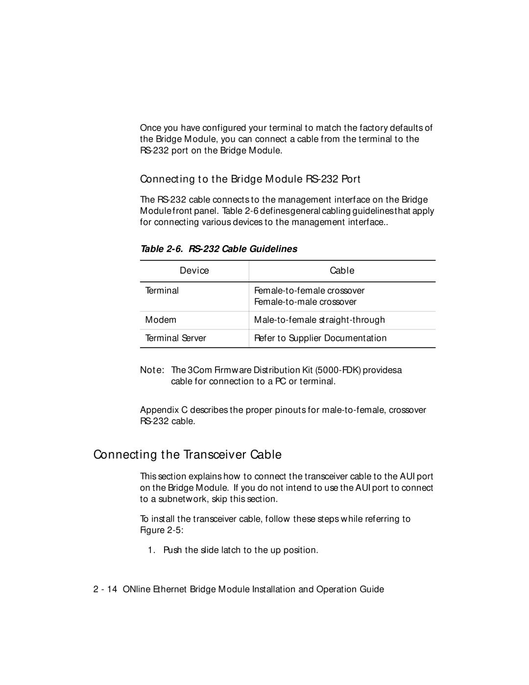 3Com 5102B-EE Connecting the Transceiver Cable, Connecting to the Bridge Module RS-232 Port, RS-232 Cable Guidelines 