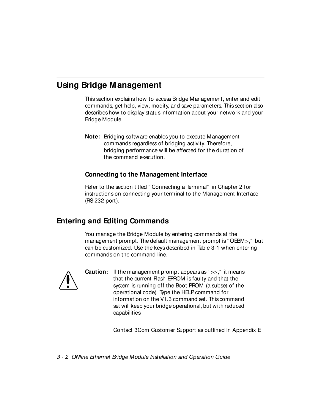 3Com 5102B-EE Using Bridge Management, Entering and Editing Commands, Connecting to the Management Interface 