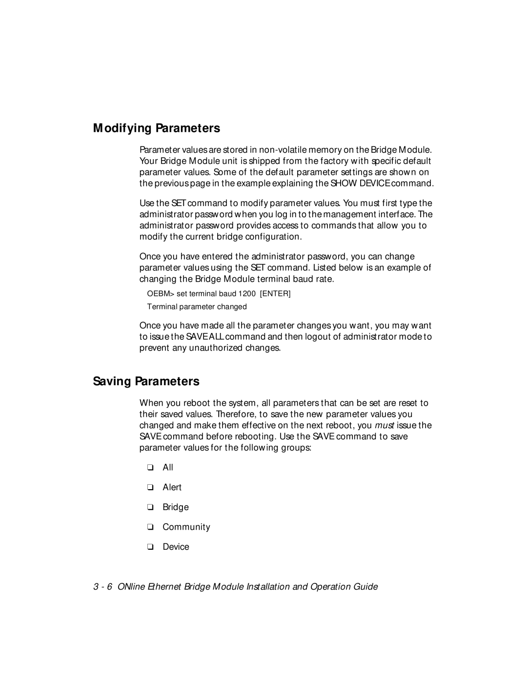 3Com 5102B-EE installation and operation guide Modifying Parameters, Saving Parameters 