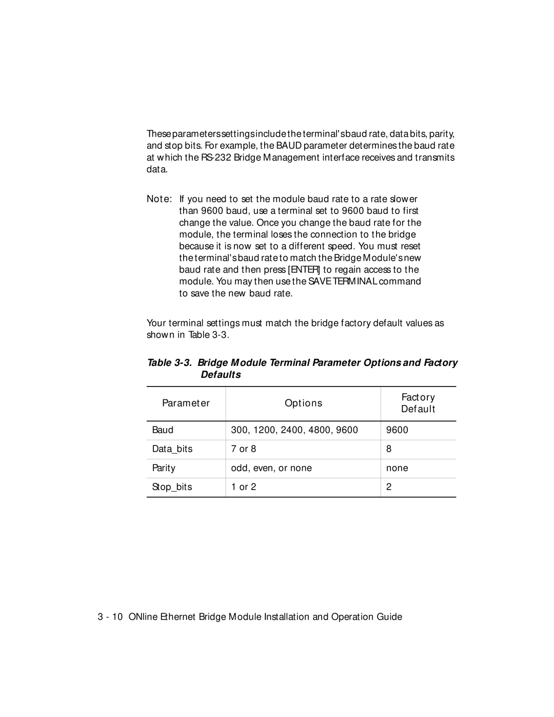 3Com 5102B-EE installation and operation guide Parameter Options Factory Default 