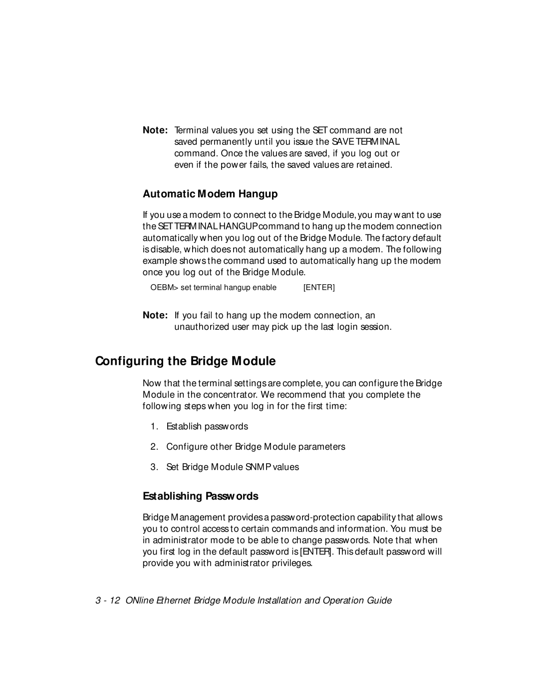 3Com 5102B-EE Configuring the Bridge Module, Automatic Modem Hangup, Establishing Passwords 