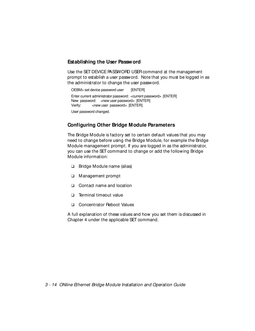 3Com 5102B-EE installation and operation guide Establishing the User Password, Configuring Other Bridge Module Parameters 