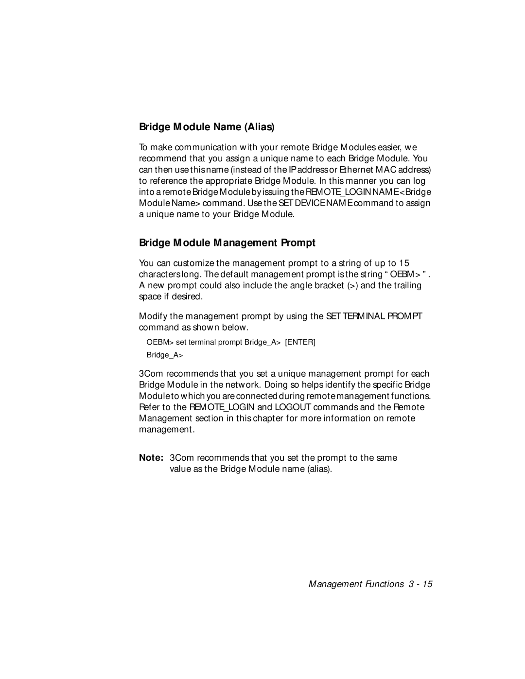 3Com 5102B-EE installation and operation guide Bridge Module Name Alias, Bridge Module Management Prompt 