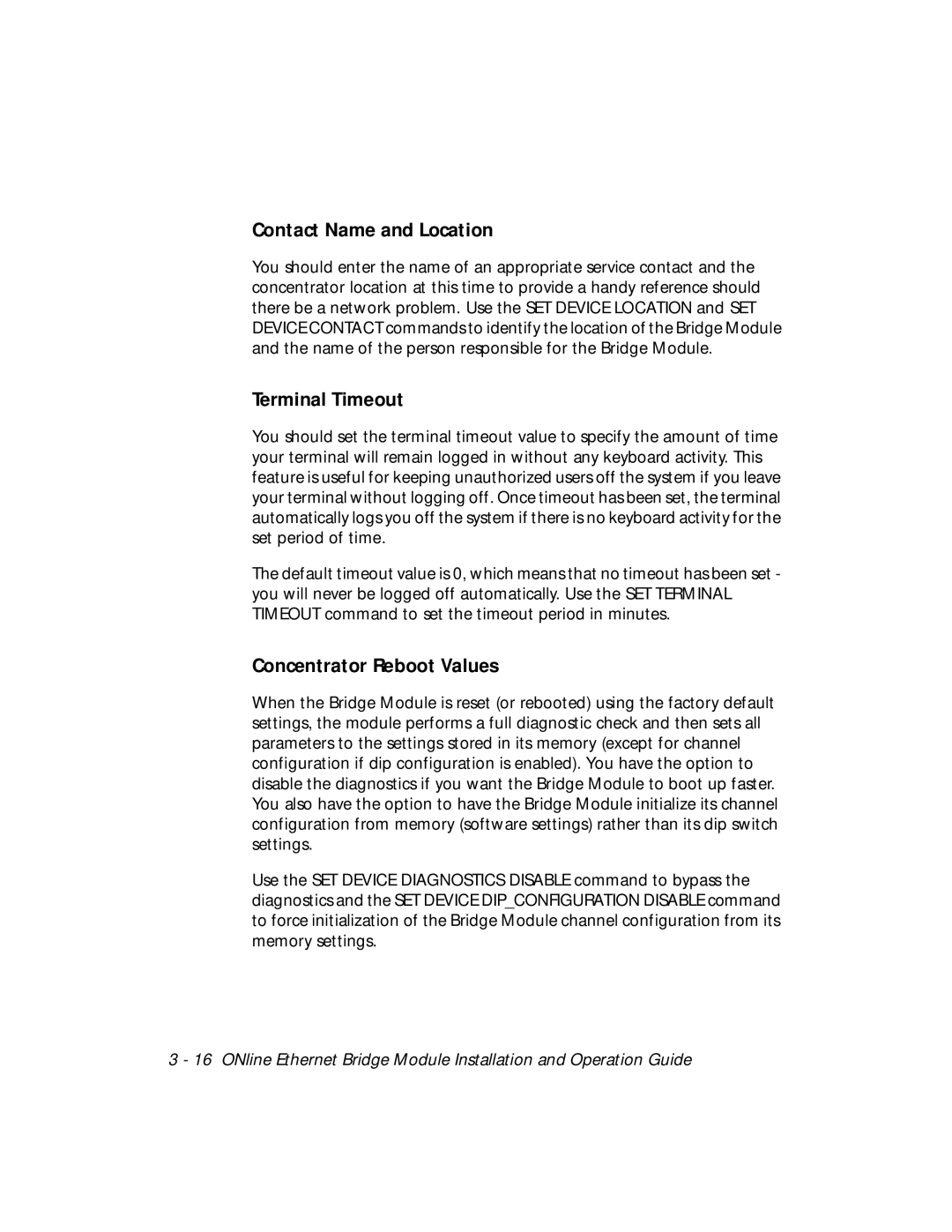 3Com 5102B-EE installation and operation guide Contact Name and Location, Terminal Timeout, Concentrator Reboot Values 