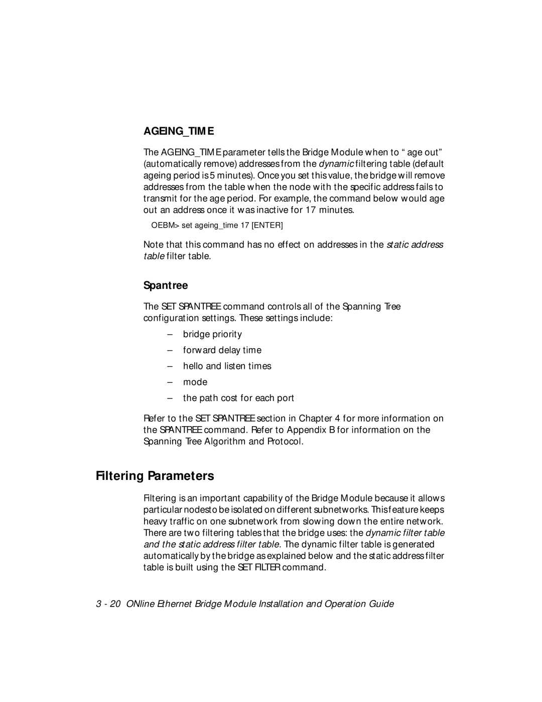 3Com 5102B-EE installation and operation guide Filtering Parameters, Spantree 