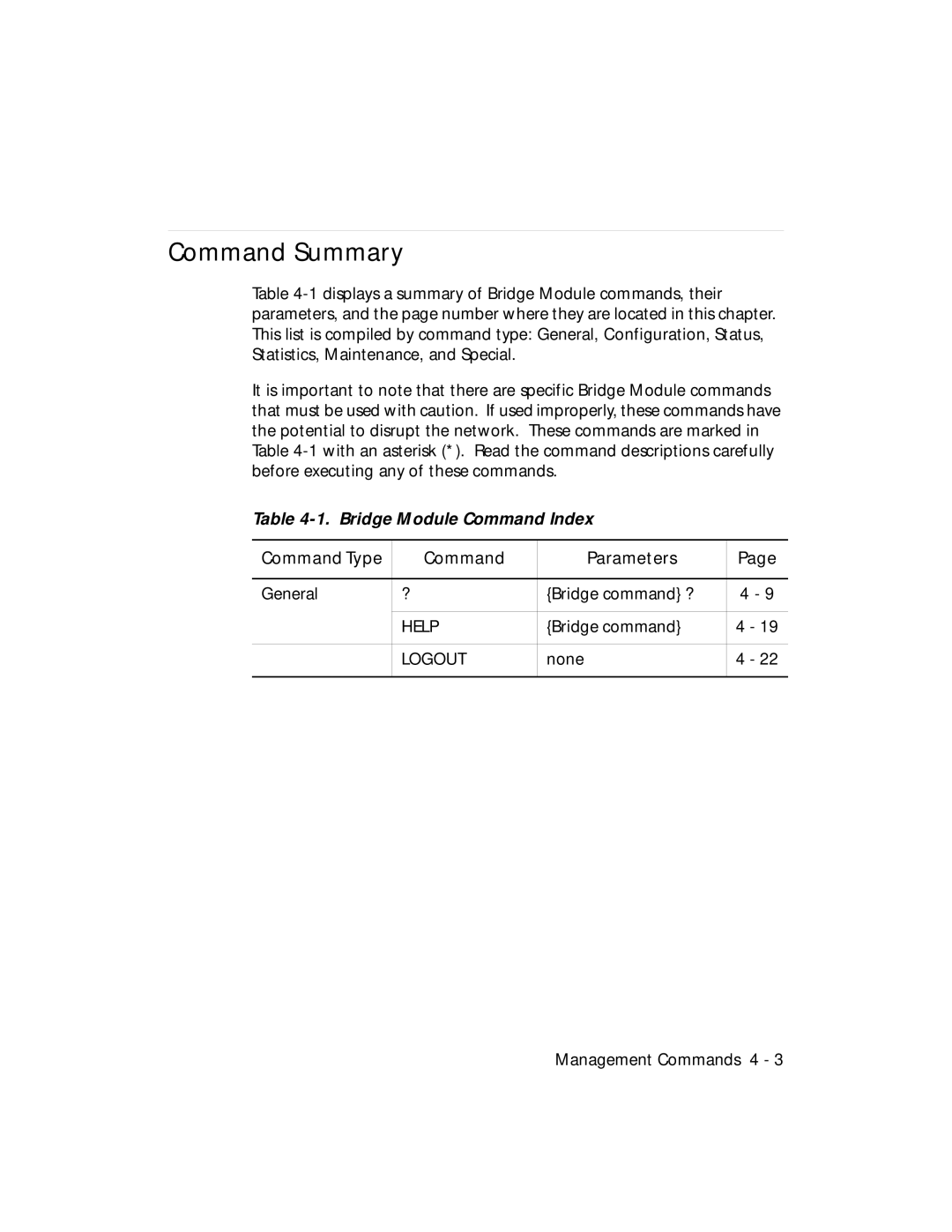 3Com 5102B-EE installation and operation guide Command Summary, Bridge Module Command Index, Command Type Parameters 