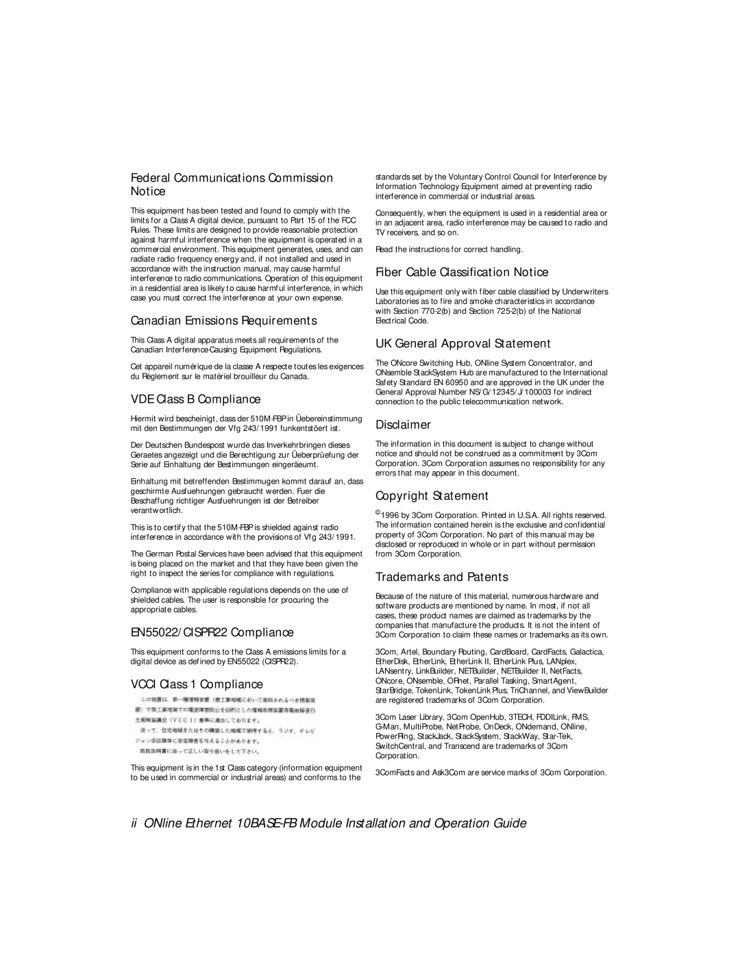 3Com 510M-FBP, 5102M-FBP, 5104M-FB1 installation and operation guide VDE Class B Compliance 