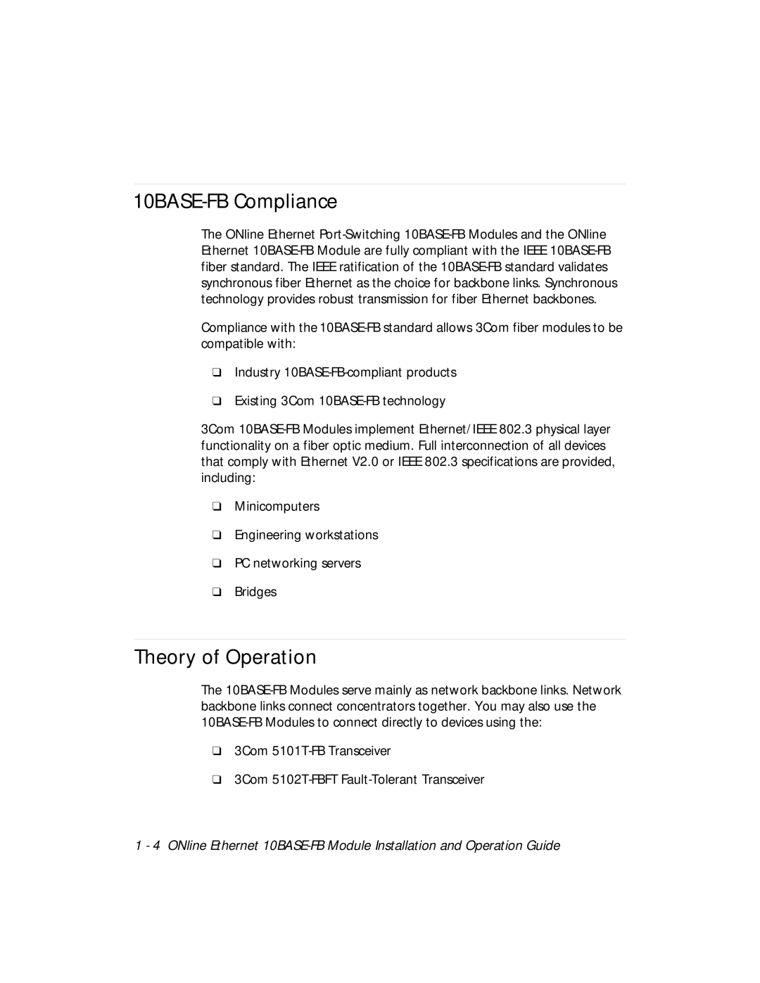 3Com 5104M-FB1, 5102M-FBP, 510M-FBP installation and operation guide 10BASE-FB Compliance, Theory of Operation 