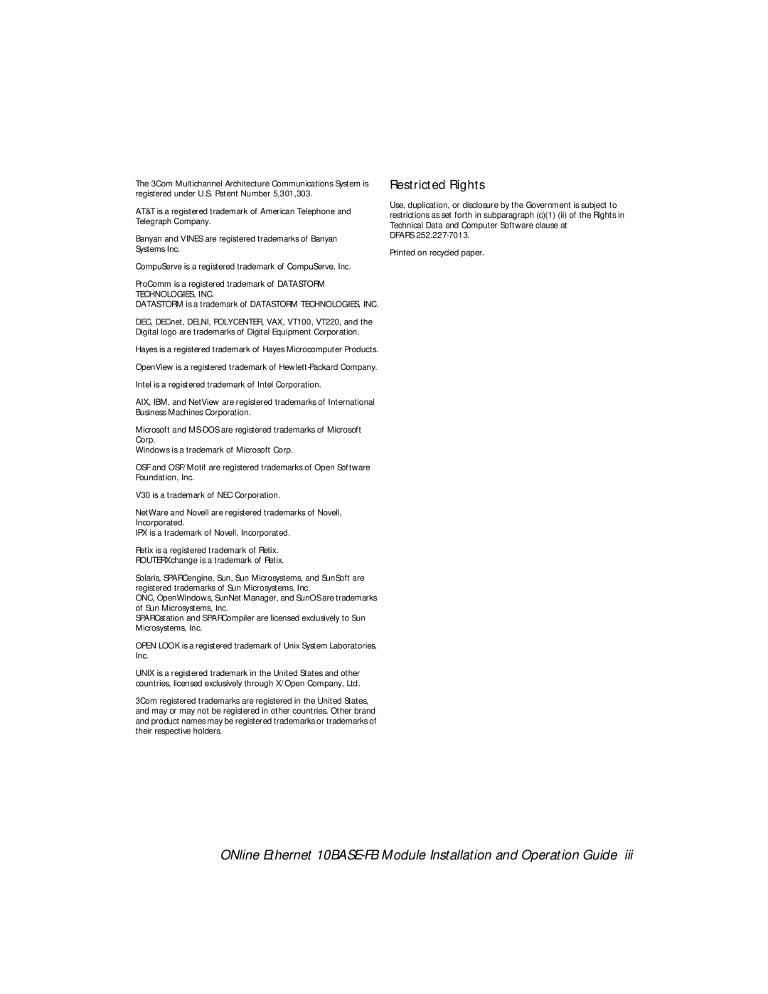 3Com 5102M-FBP, 5104M-FB1, 510M-FBP installation and operation guide Restricted Rights 