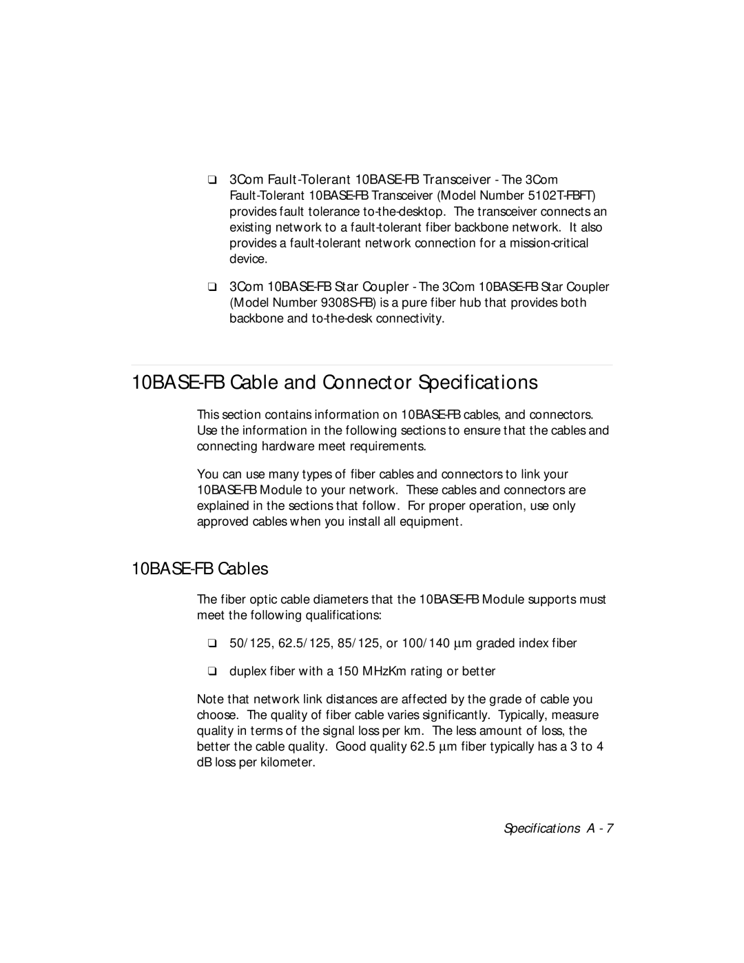 3Com 5102M-FBP, 5104M-FB1, 510M-FBP 10BASE-FB Cable and Connector Specifications, 10BASE-FB Cables 