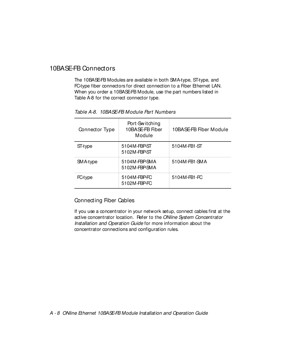 3Com 5104M-FB1, 5102M-FBP 10BASE-FB Connectors, Table A-8 BASE-FB Module Part Numbers, Port-Switching Connector Type 