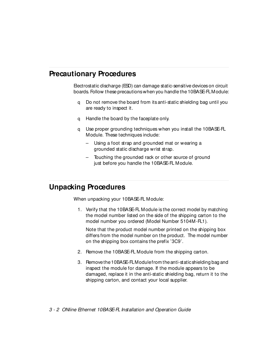 3Com 5104M-FL1 installation and operation guide Precautionary Procedures, Unpacking Procedures 