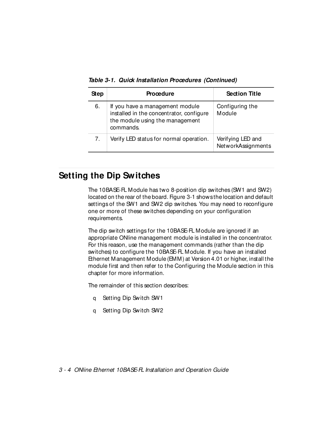 3Com 5104M-FL1 installation and operation guide Setting the Dip Switches 