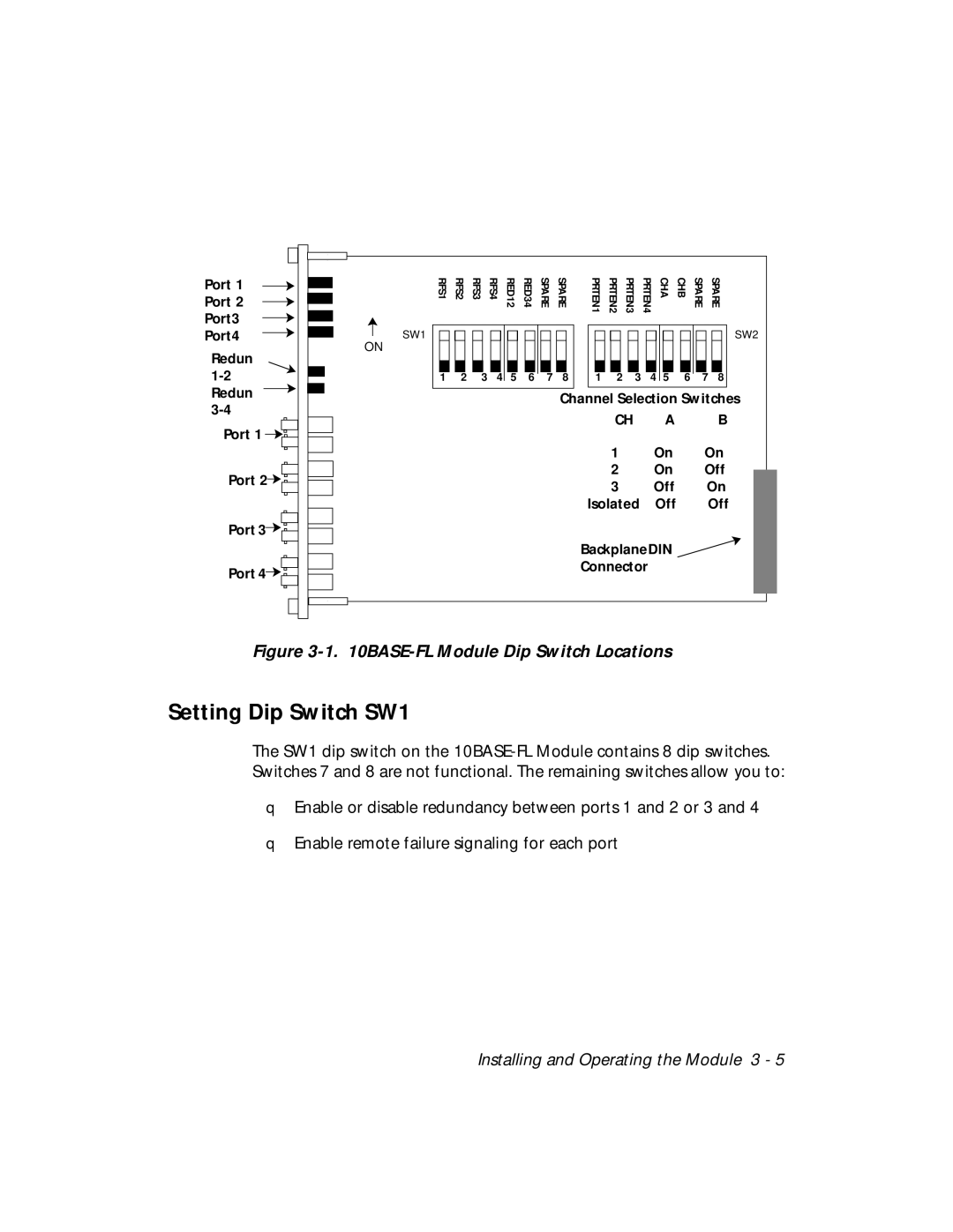 3Com 5104M-FL1 installation and operation guide Setting Dip Switch SW1, BASE-FL Module Dip Switch Locations 