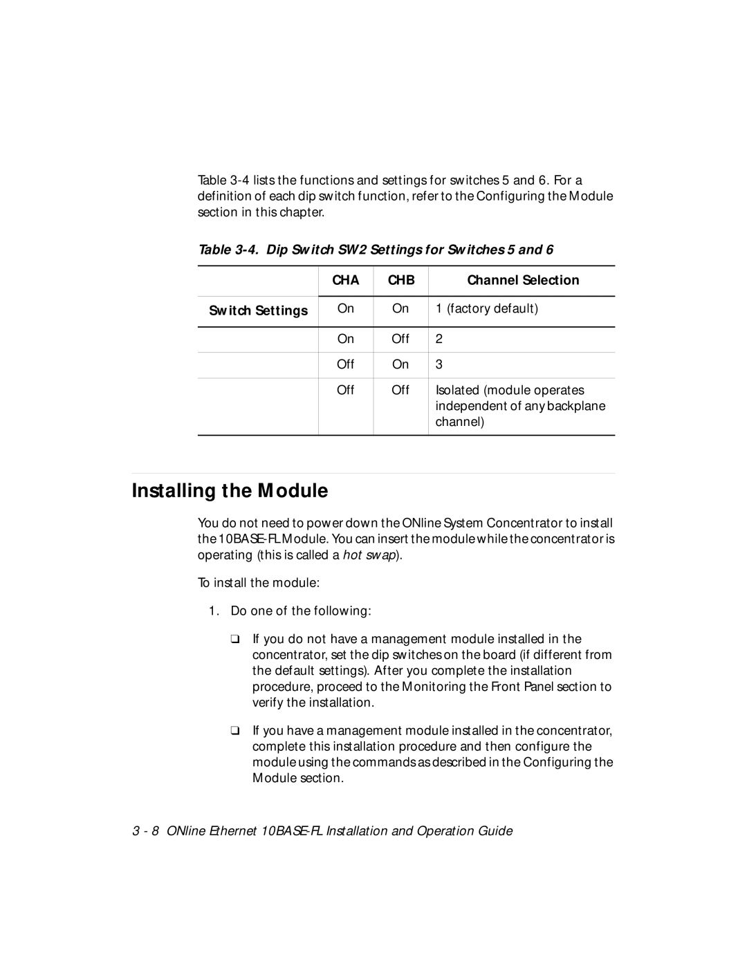 3Com 5104M-FL1 Installing the Module, Dip Switch SW2 Settings for Switches 5, Channel Selection, Switch Settings 