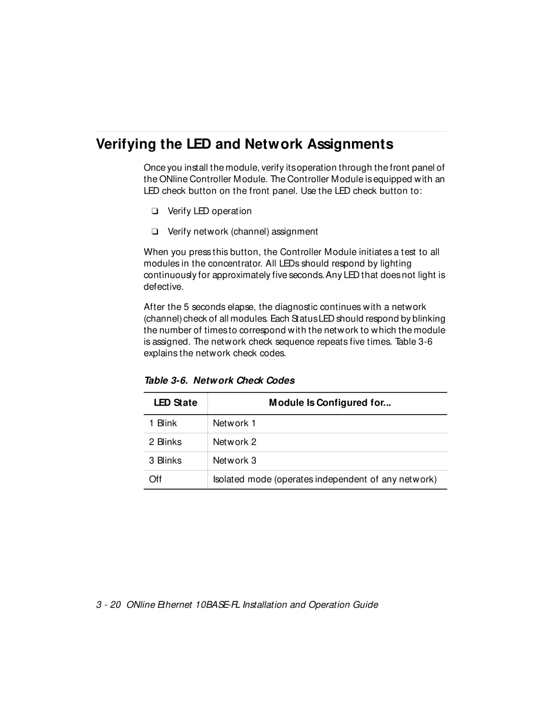 3Com 5104M-FL1 Verifying the LED and Network Assignments, Network Check Codes, LED State Module Is Configured for 