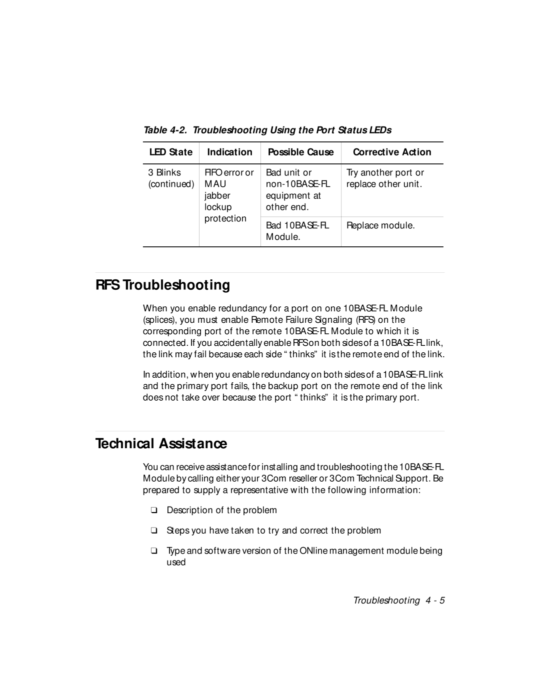 3Com 5104M-FL1 installation and operation guide RFS Troubleshooting, Technical Assistance 