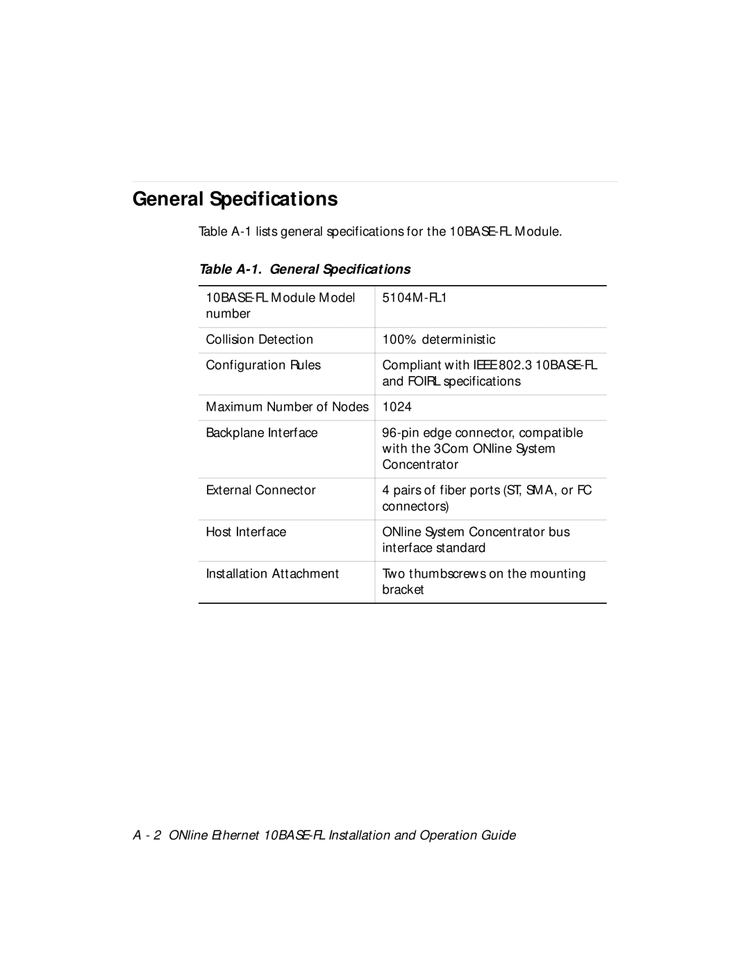 3Com 5104M-FL1 installation and operation guide Table A-1. General Specifications 