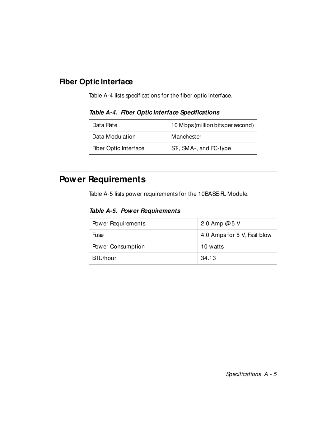 3Com 5104M-FL1 Table A-4. Fiber Optic Interface Specifications, Table A-5. Power Requirements 