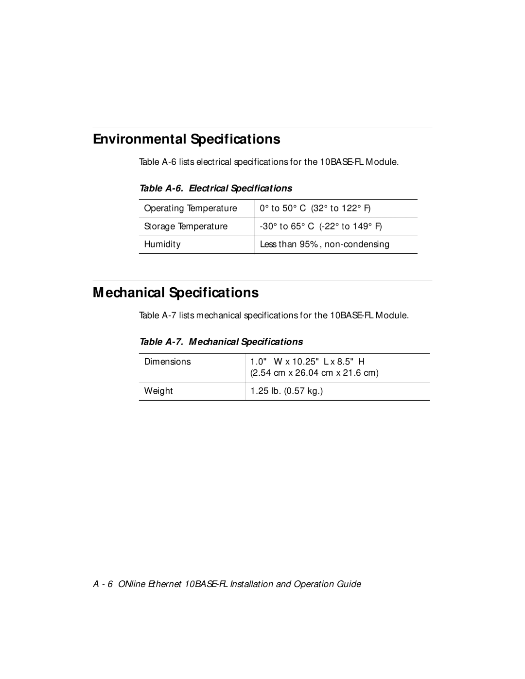 3Com 5104M-FL1 Environmental Specifications, Mechanical Specifications, Table A-6. Electrical Specifications 