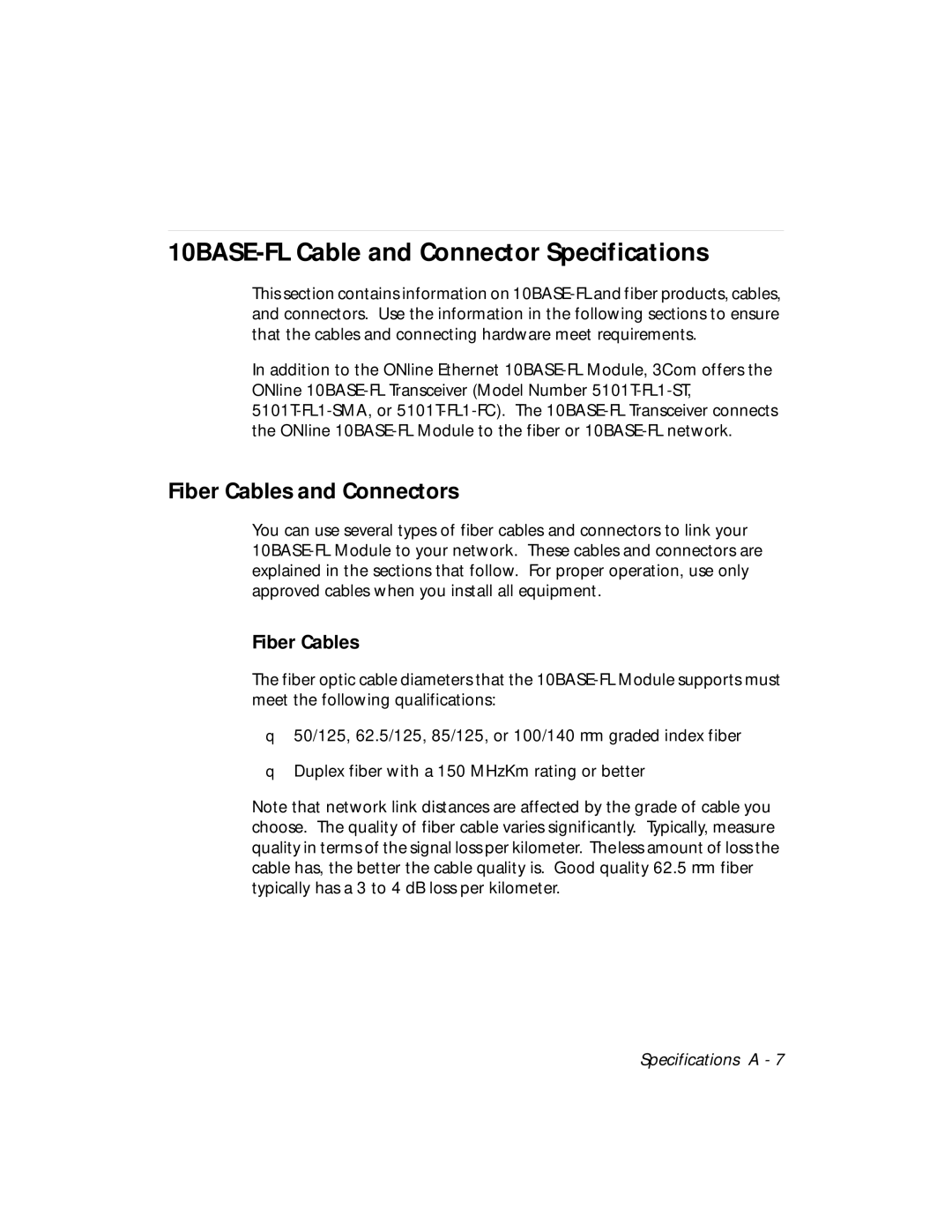 3Com 5104M-FL1 installation and operation guide 10BASE-FL Cable and Connector Specifications, Fiber Cables and Connectors 