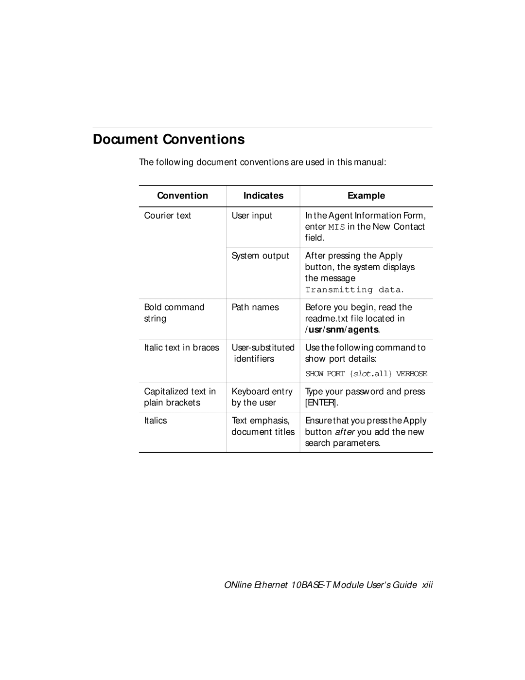 3Com 5108M-TP manual Document Conventions, Convention Indicates Example, Usr/snm/agents 