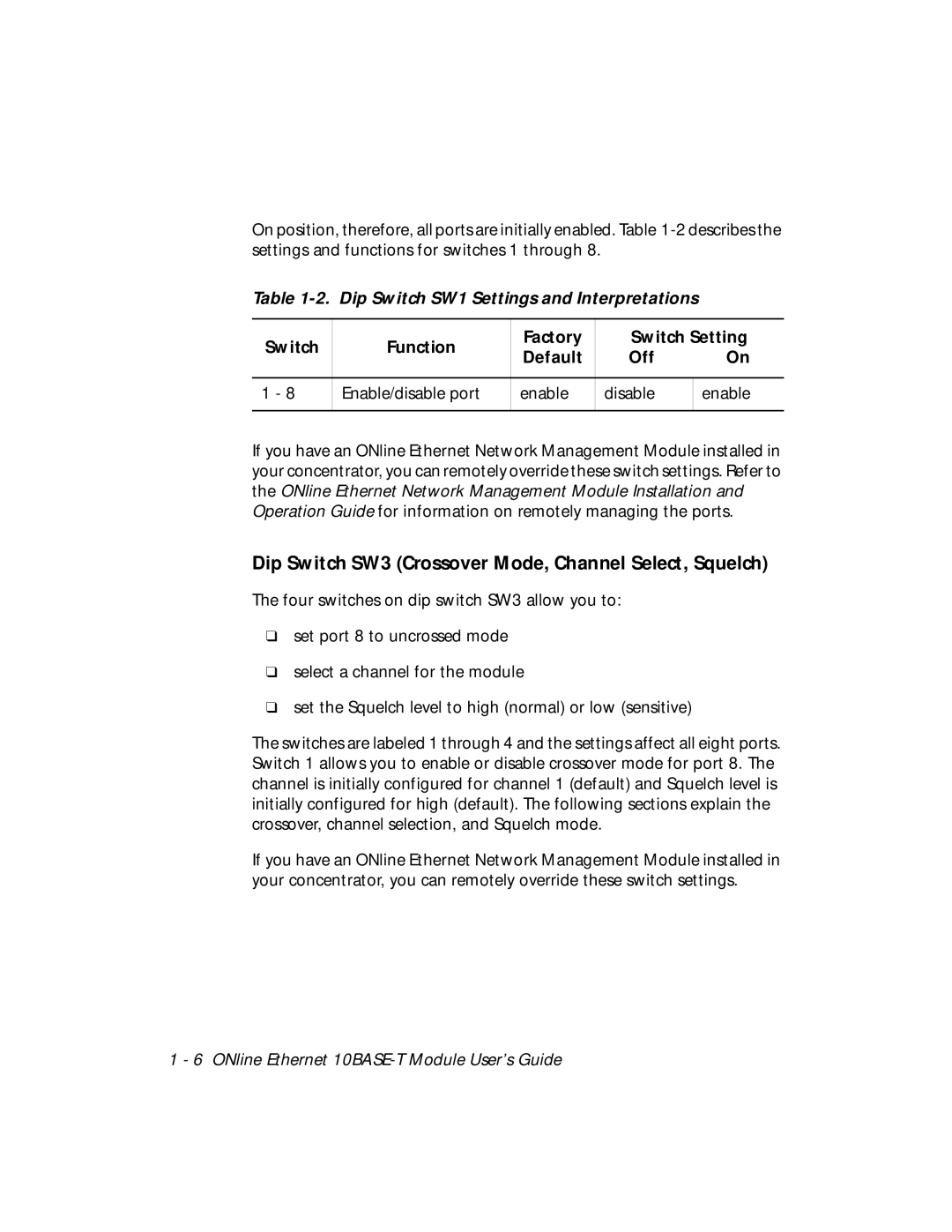 3Com 5108M-TP manual Dip Switch SW3 Crossover Mode, Channel Select, Squelch, Dip Switch SW1 Settings and Interpretations 